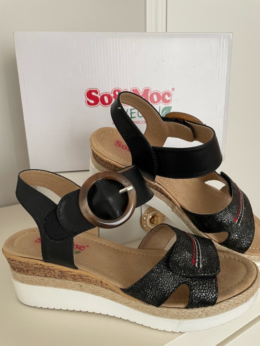 SoftWalk Black Wedge Sandals with Decorative Buckle